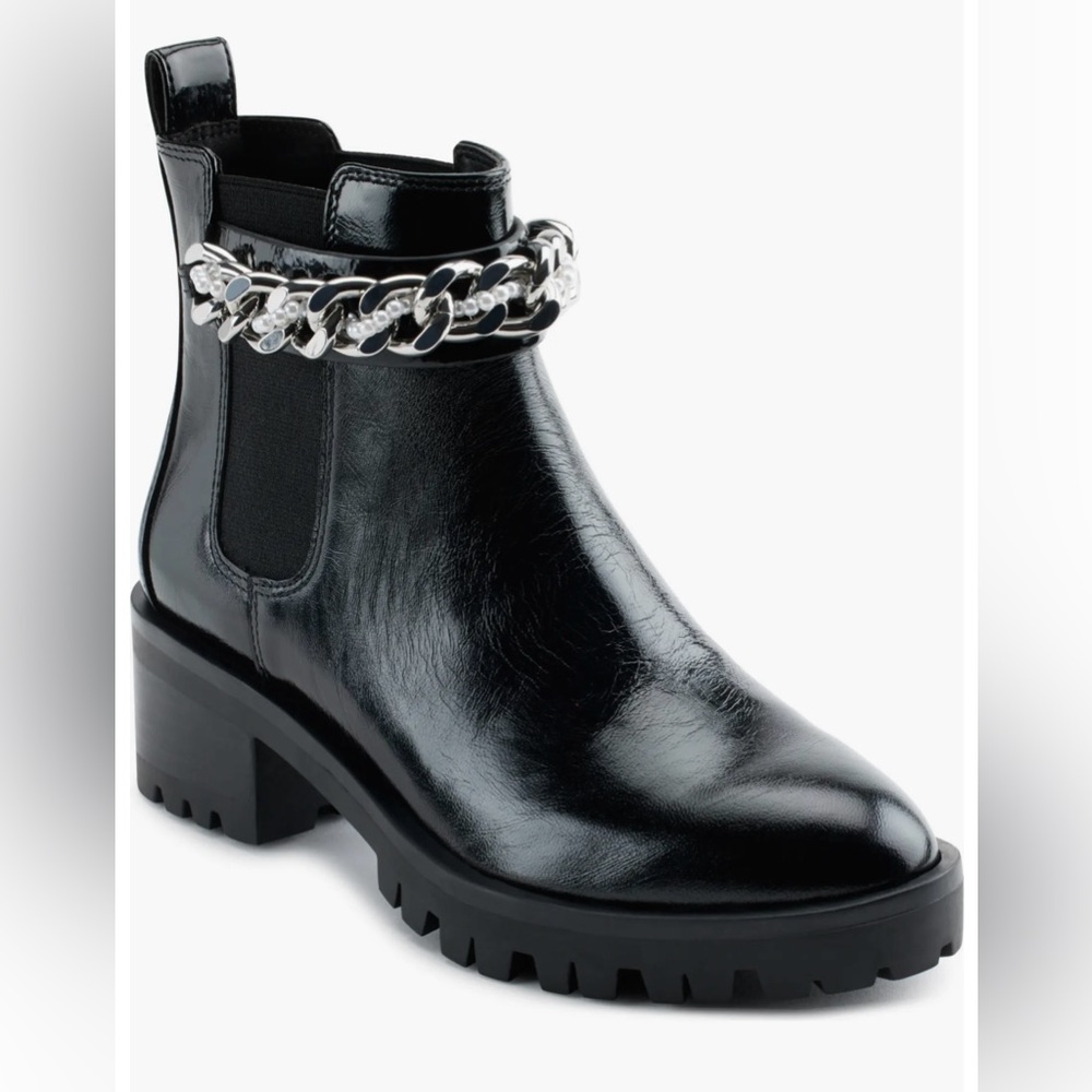 Karl Lagerfeld Porshay Black Patent Leather Silver Chain Ankle Bootie Shoes W7